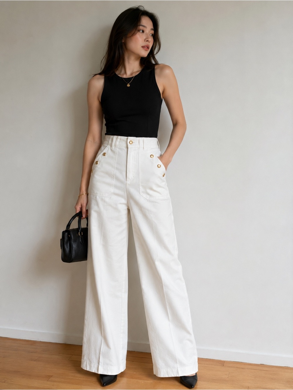 Zara White High-Rise Wide Leg Pants with Gold Buttons